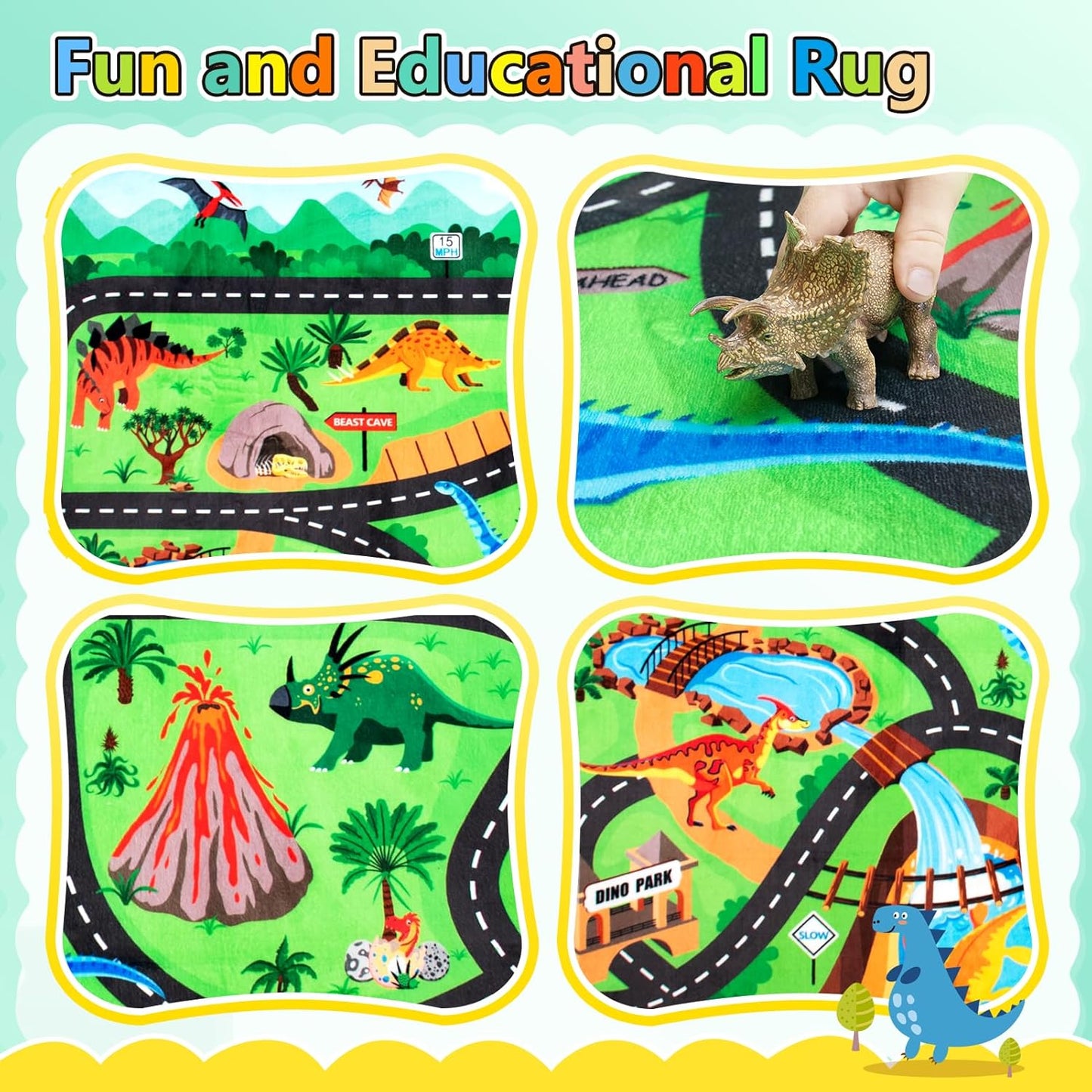 Kids Rug, Car Carpet for Kids' Toy Cars, 4x6 Ft Dinosaur Rug, Dino Safari Road Mat for Playroom, Educational Learning & Game Area Baby Play Mat Carpet for Children