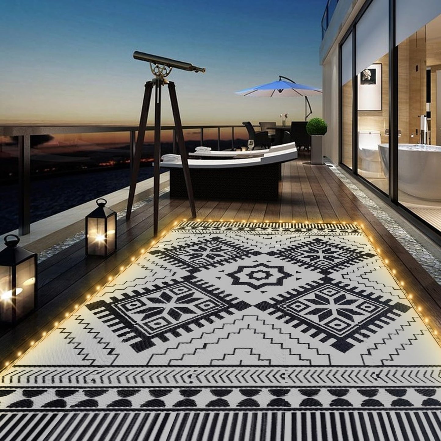 6x9ft Waterproof Outdoor Rug with LED Lights, Boho Reversible Plastic Straw Mat for Patio RV Camping Picnic Balcony Beach Deck Indoor Outdoor Carpet, Black&White