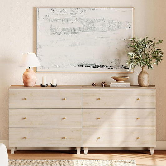 WAMPAT Dresser with 6 Drawers, Bedroom 70.8" Wide Wood Chest of Drawers, Modern Closet Storage Organizer Dressers w/Solid Wood Legs for Living Room, Children's Room, Nursery, Light Oak