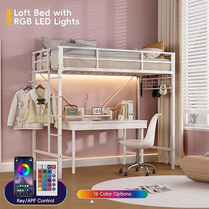 Loft Bed Twin,Loft Bed with Built-in Power Outlet LED Lights,Clothing Hanger Space Saving,Storage Pouch,Heavy Duty Metal Safety Guard Rail for Kids Teens Adults,No Box Spring Needed,White
