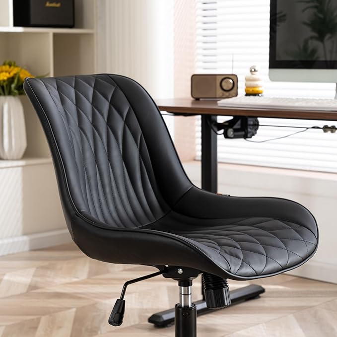 YOUNIKE Black Home Office Desk Chair Armless Comfy Small Ergonomic Rolling Vanity Chair with Wheels Wide Swivel Adjustable Modern Task Chair Back Cute Leather Upholstered Sewing Drafting Chair No Arms