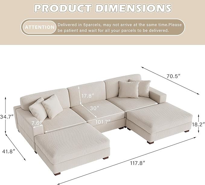 Modular Sectional Couches for Living Room, 118" Modern Upholstered Sofa Couche with Ottoman for Living Room Bedroom, Beige
