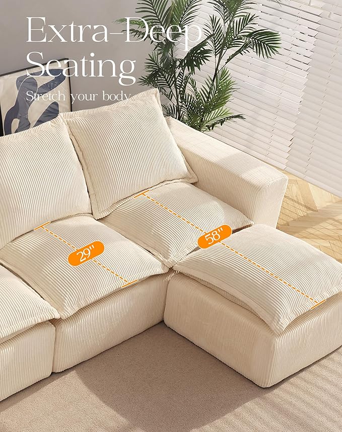 107" Comfy Cloud Couch with L-Shape Chaise & Deep Seat, Modular Sectional Sofa in a Box, Boneless Upholstered Couches for Living Room, No Assembly Required (Soft Corduroy, Beige)