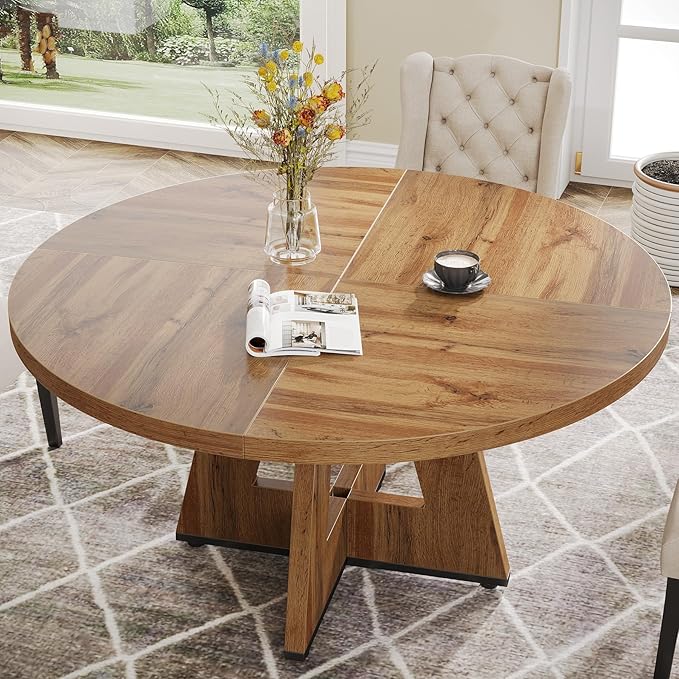 Tribesigns Round Dining Table for 4, 47 inch Farmhouse Circle Kitchen Table with Wooden Pedestal Base for Kitchen, Dining Room, Living Room (Wood)