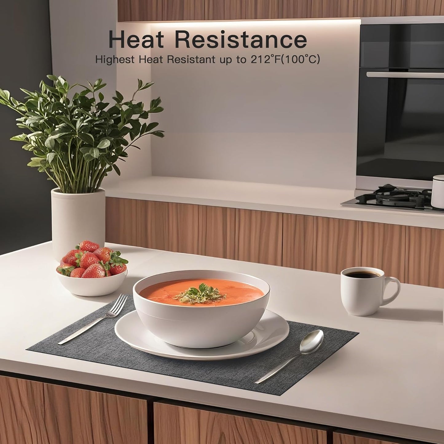 DOLOPL Placemats Set of 6, Reversible Wipeable & Heat Resistant Place Mats, Modern Faux Leather Table Mats for Kitchen, Neutral Waterproof Tablemats for Dining Table Decor, Wedding, Party(Charcoal)
