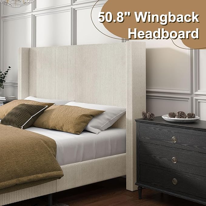 HOWE Queen Size Upholstered Platform Bed Frame, Wingback Bed with 50.8" Headboard, Corduroy/Solid Wood Leg/No Box Spring Needed/Noise Free/Cream