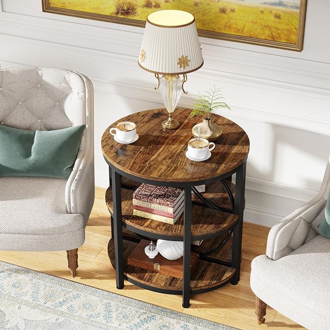 Tribesigns Half Round End Table for Living Room, 3-Tier Half Side Table with Metal Frame, Industrial Half Moon Table with Storage Shelves, Half Circle Accent Table for Entryway, Bedroom, Rustic Brown