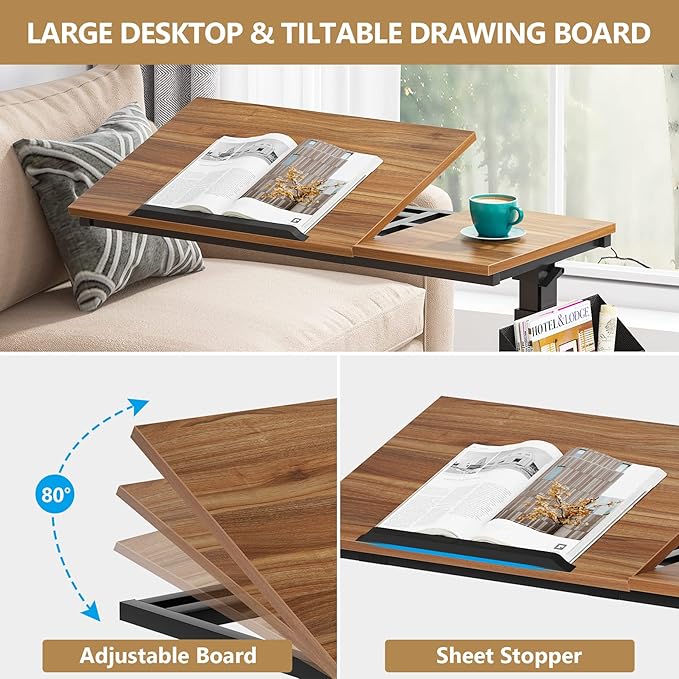 Tribesigns Height Adjustable C Shaped End Table with Wheels and Side Pocket, Mobile Sofa Snack Table with Tiltable Drawing Board, Laptop Side Tray Table for Couch Bed (Walnut Brown)