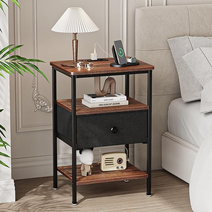VECELO Night Stand with Charging Station, End Tables with Open Storage Shelf, Bed Side Tables with Fabric Drawers for Bedroom,Living Room,Rustic Brown