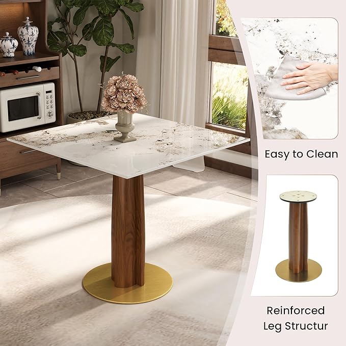 Sintered Stone Square Office Table and Chair Set - Meeting Table for Small Offices (Walnut‌ Leg and Pandora Top, 1 Table and 2 Chairs)