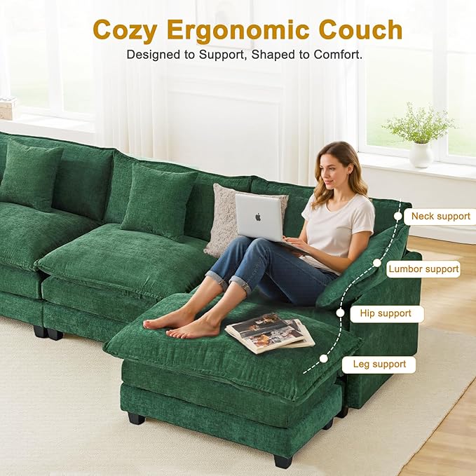 111.4" L-Shaped Cloud Chenille Sectional with Reversible Chaise, Flexible 3+1 Layout for Large Spaces, Deep Seat and Free Pillows Included