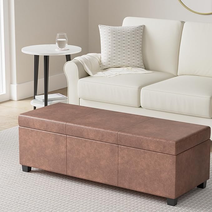 SIMPLIHOME Avalon Storage Ottoman Bench - 48 inch Wide Upholstered Vegan Leather Rectangular Lift-Top Ottoman in Distressed Umber Brown, Contemporary Bench for Living Room with High-Density Foam