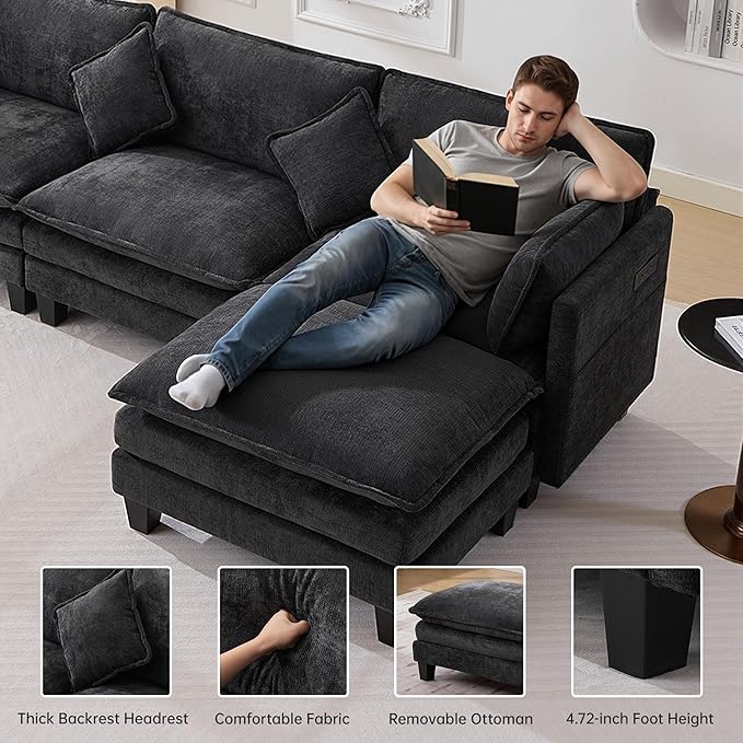 108" Modular Sectional Couches for Living Room with Ottoman, L Shaped Cloud Couch with Charger, USB & Type-c Port, Comfy Sofas with Deep Seat, Chenille Fabric, Black