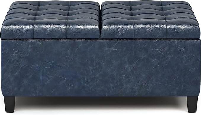 SIMPLIHOME Harrison 36 inch Wide Transitional Square Coffee Table Storage Ottoman in Denim Blue Vegan Faux Leather, Assembled, For the Living Room and Bedroom
