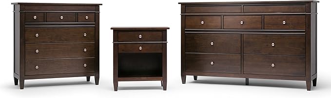 SIMPLIHOME Carlton Bedside Table - 24 inch Wide Solid Wood Nightstand Table in Dark Tobacco Brown, Transitional Bedroom Side or End Table with 2 Drawers, Open Storage Shelf and Bronze Hardware