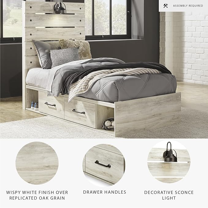 Signature Design by Ashley Cambeck Farmhouse Twin Panel Platform Bed with 4 Storage Drawers, Cubbies, Sconce Light and USB Ports, Foundation or Box Spring Not Needed, Whitewash