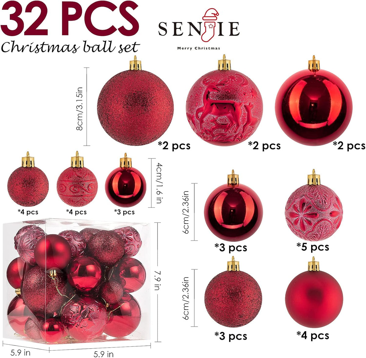 Senjie Red Shatterproof Christmas Ball Ornaments, 32 Pcs, Plastic, Eclectic Style, Wedding & Christmas Occasion