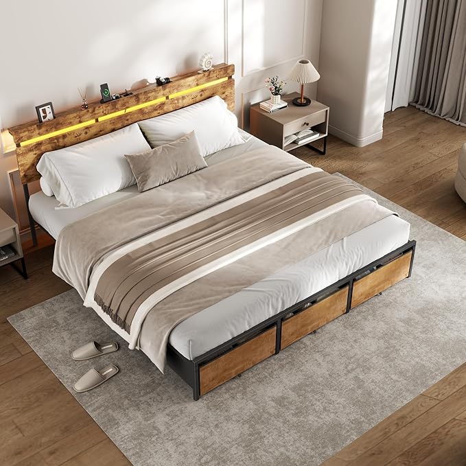 Forestell King Size Bed Frame with Wood Headboard, Metal Platform Bed with 3 Storage Drawers & Shelf, Built-in Charging Station & LED Lights, No Box Spring Needed, Vintage Brown, Camas King