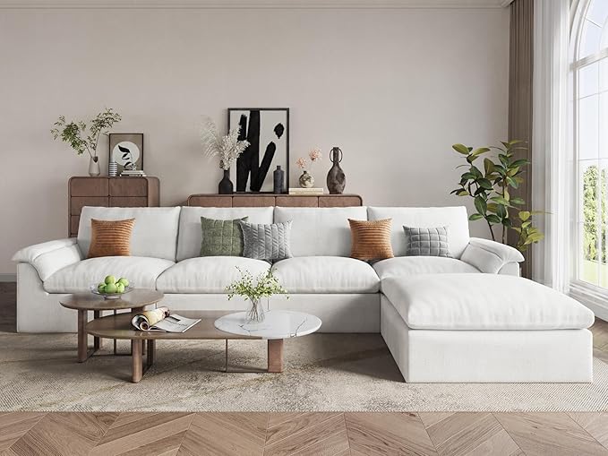 EASE MOOSE Oversized Cloud Couch Sectional Sofa, L-Shaped Large Modular Couch for Living Room, Minimalist Boneless Convertible Couches with Ottoman, 5-Seat Deep Sofas for Bedroom, Chenille (White)