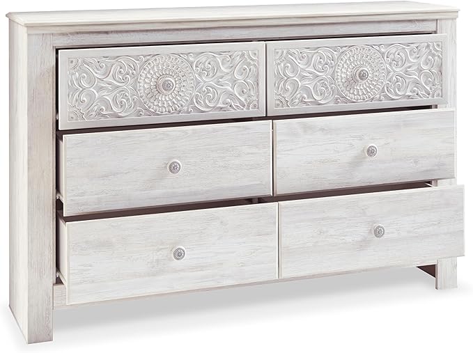 Signature Design by Ashley Paxberry Boho 6 Drawer Dresser, Smooth-gliding Faux Laminate Lined Drawers, Wood, 61.26" W x 15.83" D x 40" H, Whitewash
