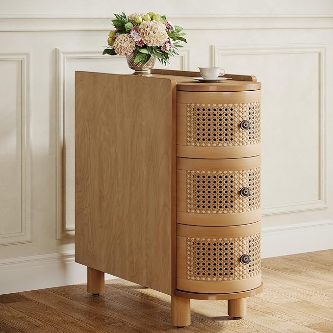 Tribesigns Solid Wood End Table, 3-Drawer Rattan Side Table, Night Stand with 3 Rattan Drawers and Exquisite Embossed Handles for Living Room, No Assembly Required (1, Oak)