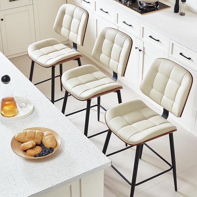 Mid Century Modern Bar Stools Set of 3 for Kitchen Island,Upholstered Beige Faux Leather Counter Height stools,26 Inch Counter stools with Walnut Grain Back