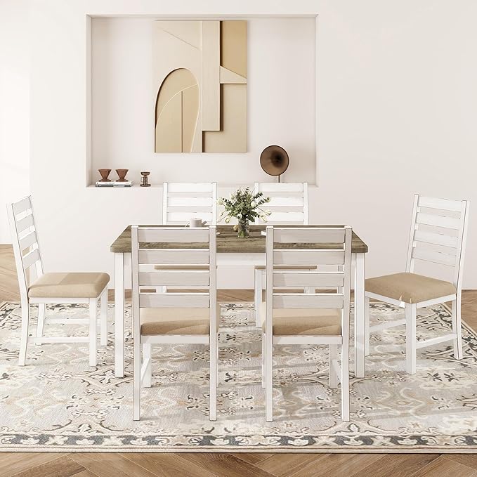 Farmhouse Dining Table Set for 6 Person, 59" Kitchen Table Set with 6 Upholstered Chairs, White Rectangular Dinner Room Table & Chairs Set Rustic Wood Stable (6 Chairs)