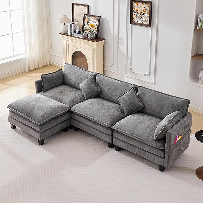 108" Modular Sectional Couches for Living Room with Ottoman, L Shaped Cloud Couch with Charger, USB & Type-c Port, Comfy 4 Seats Sofas with Deep Seat, Chenille Fabric, Darkgrey