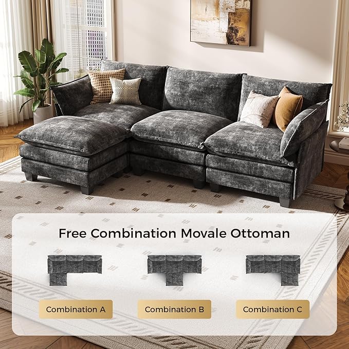 KKL Modular Sectional Sofa, L-Shaped 4 Seater Cloud Couch with Ottoman, Chenille Modern Sectional Couches for Living Room, Apartment, Grey