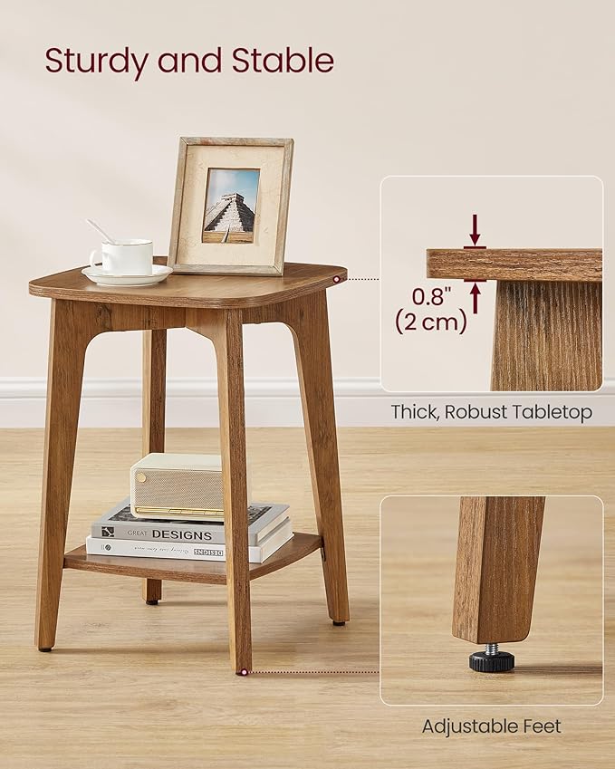 VASAGLE MAEZO Collection - Side Table, 2-Tier Small Square End Table, Nightstand with Tapered Legs, Curved Transitions, for Small Spaces, Living Room, Bedroom, Honey Brown ULET236K01
