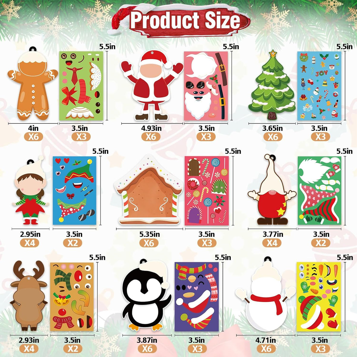 VABAMNA 72pcs Christmas Ornament Crafts for Kids - Make Your Own Ornament Kit with Christmas Craft Stickers for Kids Xmas Tree Holiday Hanging Decor, 9 Designs