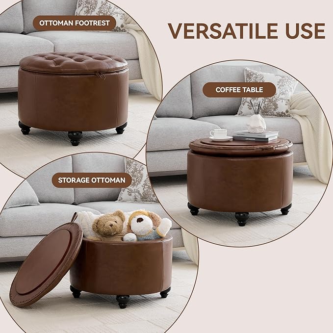 24Inch Round Storage Ottoman with Tray, Modern Tufted Leather Circle Coffee Table with Storage, Upholstered Ottoman with Removable Top for Living Room, Bedroom, Leather Coffee