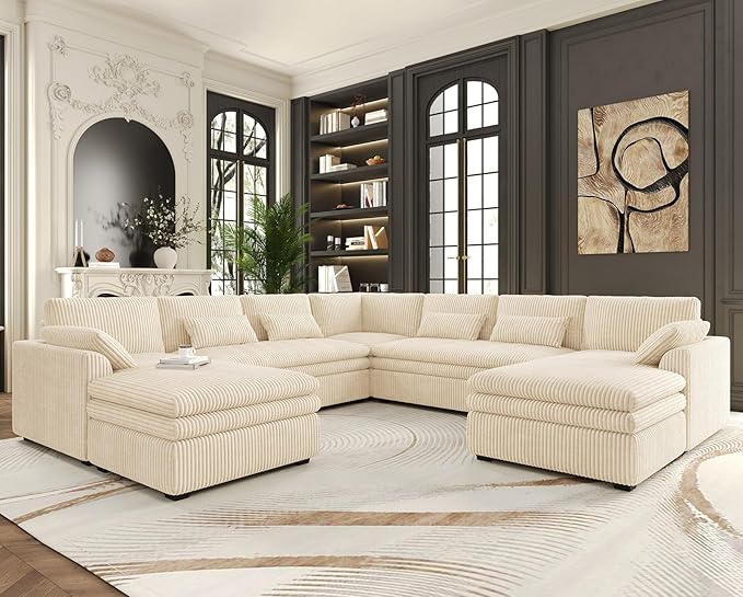 Belffin Large Modular Sectional Sofa with Double Deep Chaise and Loveseat, Corduroy U Shape Couch with 9" Soft Dual-Layer 9 Seats Cushion for Living Room, Apartment, Beige