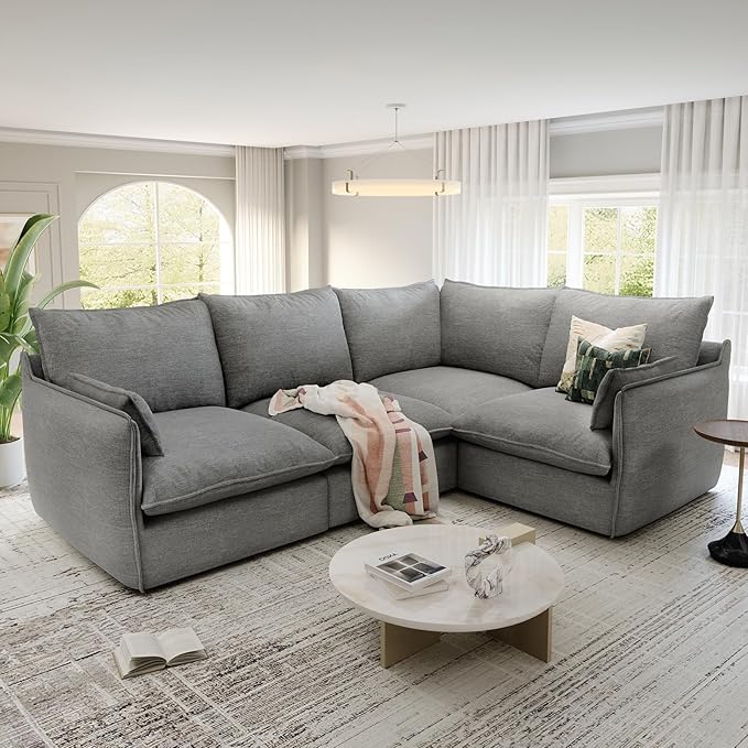 Cloud Modular Sectional Sofa, Waterproof Down Filled Sectional Sofas, High Backrest 4 Seater Sectional Couches for Living Room, Modern Modular Couch with Removable Cover, Dark Gray