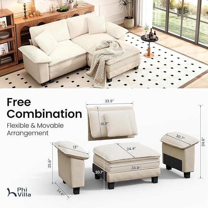 PHI VILLA Cloud Modular Couches Sets, 87.5" Sectional Loveseat Sofa with 1 Movable Ottoman, 3-Seater Comfy Couches for Living Room Apartment, Chenille & Corduroy Dual Fabric, Beige