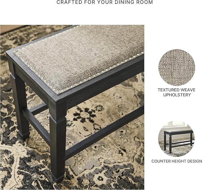 Signature Design by Ashley Tyler Creek Urban Farmhouse Counter Height Upholstered Dining Bench, Almost Black