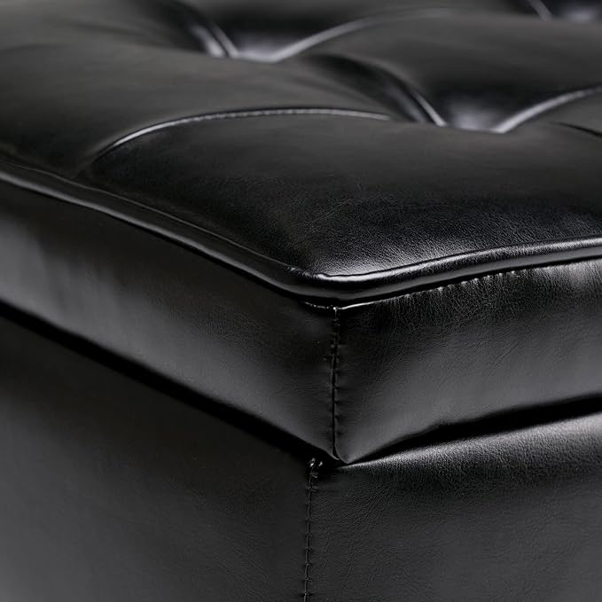 SIMPLIHOME Cosmopolitan Storage Ottoman Bench - 44 inch Wide Upholstered Vegan Leather Rectangle Storage Ottoman in Midnight Black, Transitional Bench for Bedroom with Tufted Lift-Top and Open Shelf