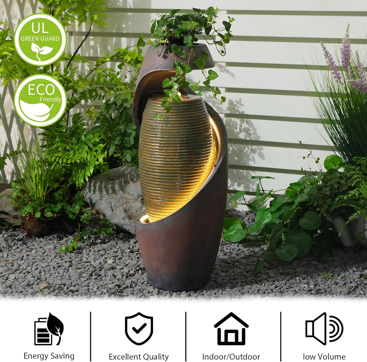 29.5’’H Modern Outdoor Fountain - Curved Spiral Waterfall Indoor/Outdoor with LED Light & Planter Bowl, Resin Garden Fountains for Patio, Yard, Backyard, Porch, Home Art Decor, 11.8" L x 11.8" W