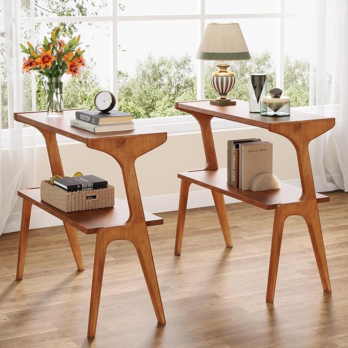Tribesigns Narrow Side Table, 2-Tier Solid Wood End Table with Storage, Modern Tall Couch Side Table for Living Room, Slim Bedside Table for Bedroom, Small Spaces, Cherry