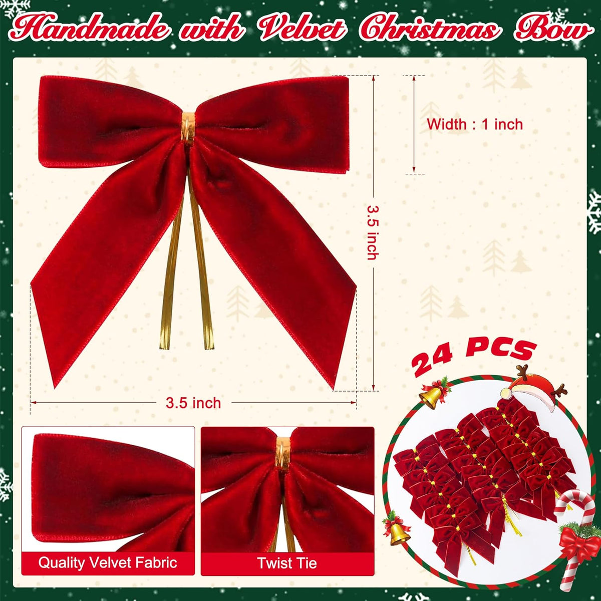 Burgundy Velvet Bows for Christmas Tree Decorations, 24 Pcs Premium Velvet Ribbon Bows, Christmas Tree Ornaments for Xmas Wreaths, Gift Toppers & Holiday Home Decor(1" Width, 3.5x3.5 Inch)