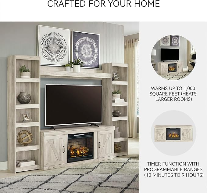 Signature Design by Ashley Bellaby Farmhouse 60" TV Stand with Electric Fireplace for TVs up to 69", Whitewash