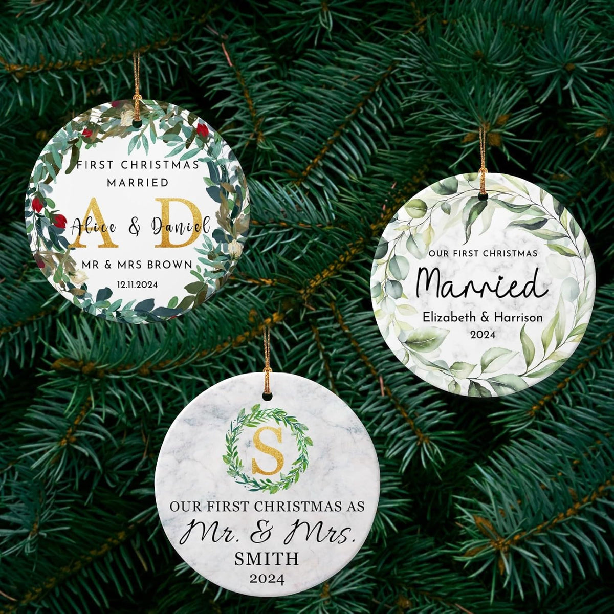 Personalized First Christmas Married Ornament 2025 Custom Mr and Mrs Wedding Christmas Ornaments with Name Date for Couples,Double-Sided Ceramic Customized Engagement Ornament