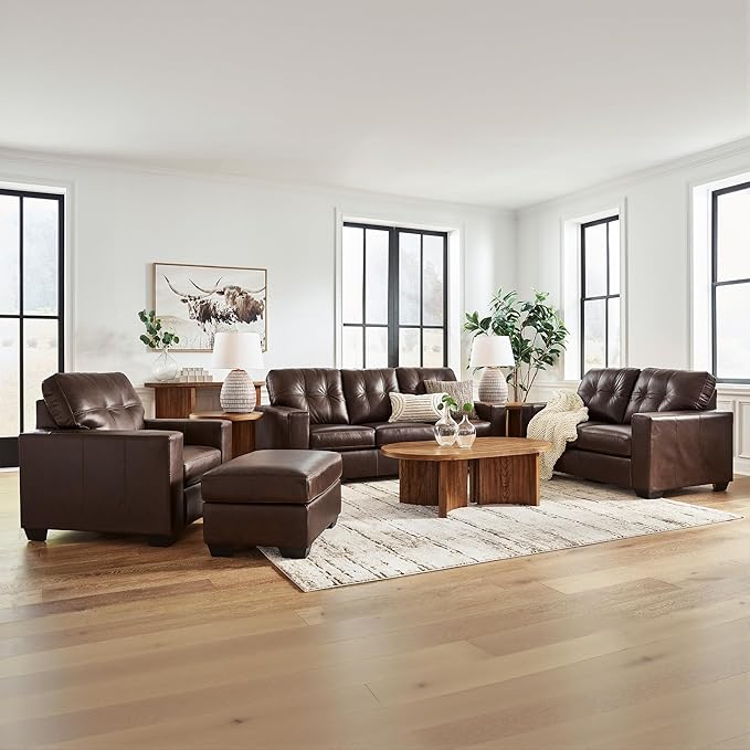 Signature Design by Ashley Santorine Classic Leather Match Tufted Sofa Sleeper with Bi-Fold Memory Foam Mattress, Queen, Dark Brown