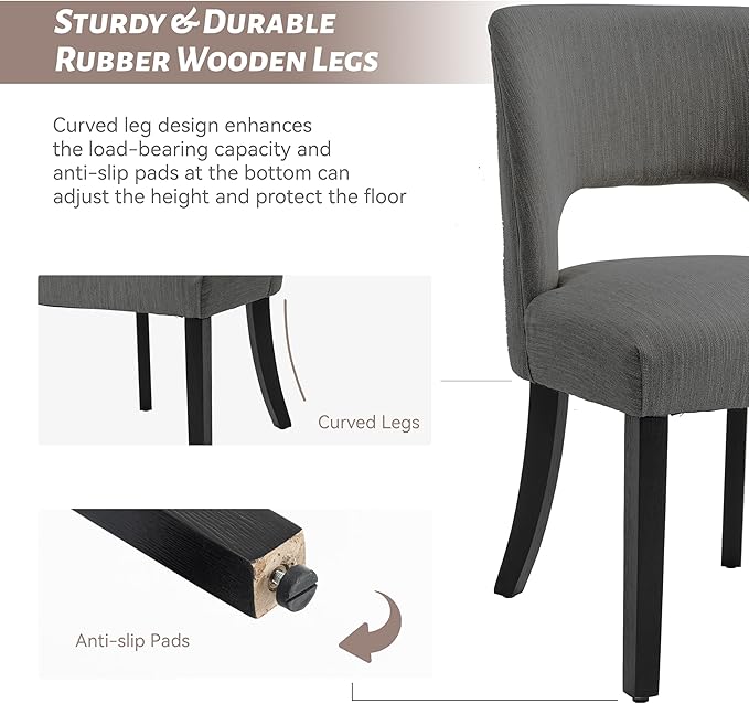 VKNOW Wooden Dining Chairs Set of 6, Modern Fabric Upholstered Dining Room Chair Kitchen Chairs, Farmhouse Dinner Chair for Kitchen Dining Room, Dark Grey-Black Legs