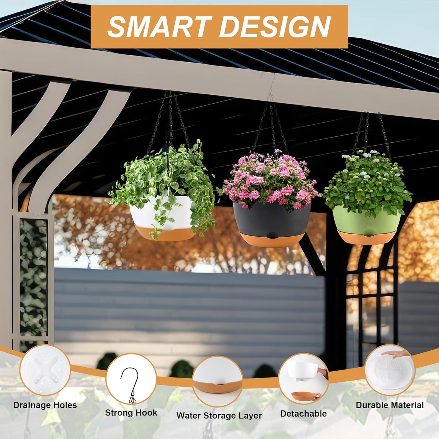 10 inch Hanging Planters for Indoor Outdoor Plants with Self-Watering Pots, 3 Pack Plastic Hanging Basket with Removable Tray for Home Garden Porch Balcony Patio Decor(White+Black+Green)