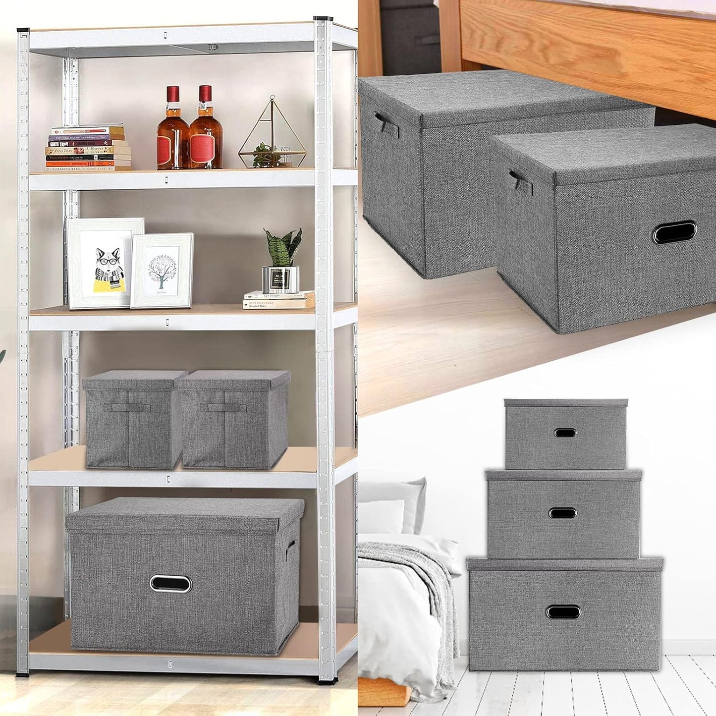 Large Linen Fabric Foldable Storage Bins with Removable Lid and Handles, Washable Storage Box Organizer Containers Baskets Cube with Cover for Bedroom,Closet,Nursery (Grey, XXL(2-Pack))