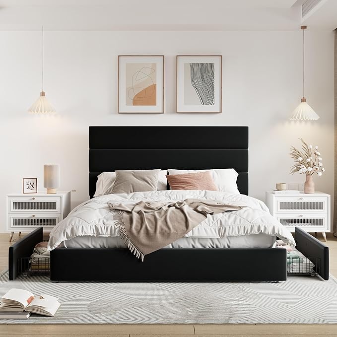 Allewie Modern Queen Size Platform Bed Frame with 4 Storage Drawers and Velvet Upholstered Headboard, Wooden Slats Support, Upholstered Mattress Foundation/No Box Spring Needed/Easy Assembly, Black