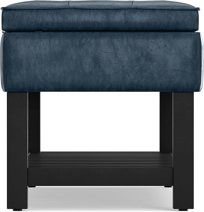 SIMPLIHOME Cosmopolitan Storage Ottoman Bench - 44 inch Wide Upholstered Vegan Leather Rectangle Storage Ottoman in Denim Blue, Transitional Bench for Bedroom with Tufted Lift-Top and Open Shelf