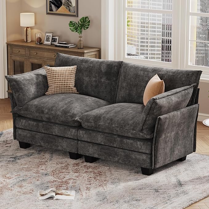 KKL Modular Sectional Sofa, Loveseat 2 Seater Cloud Couch, Chenille Modern Sectional Couches for Living Room, Apartment Grey