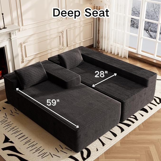 105" Modular Sectional Sofa L Shape for Bedroom, Modular Cloud Sofa with Deep Seat for Living Room, Upholstered Couches No Assembly Required Black, Left Facing Chaise